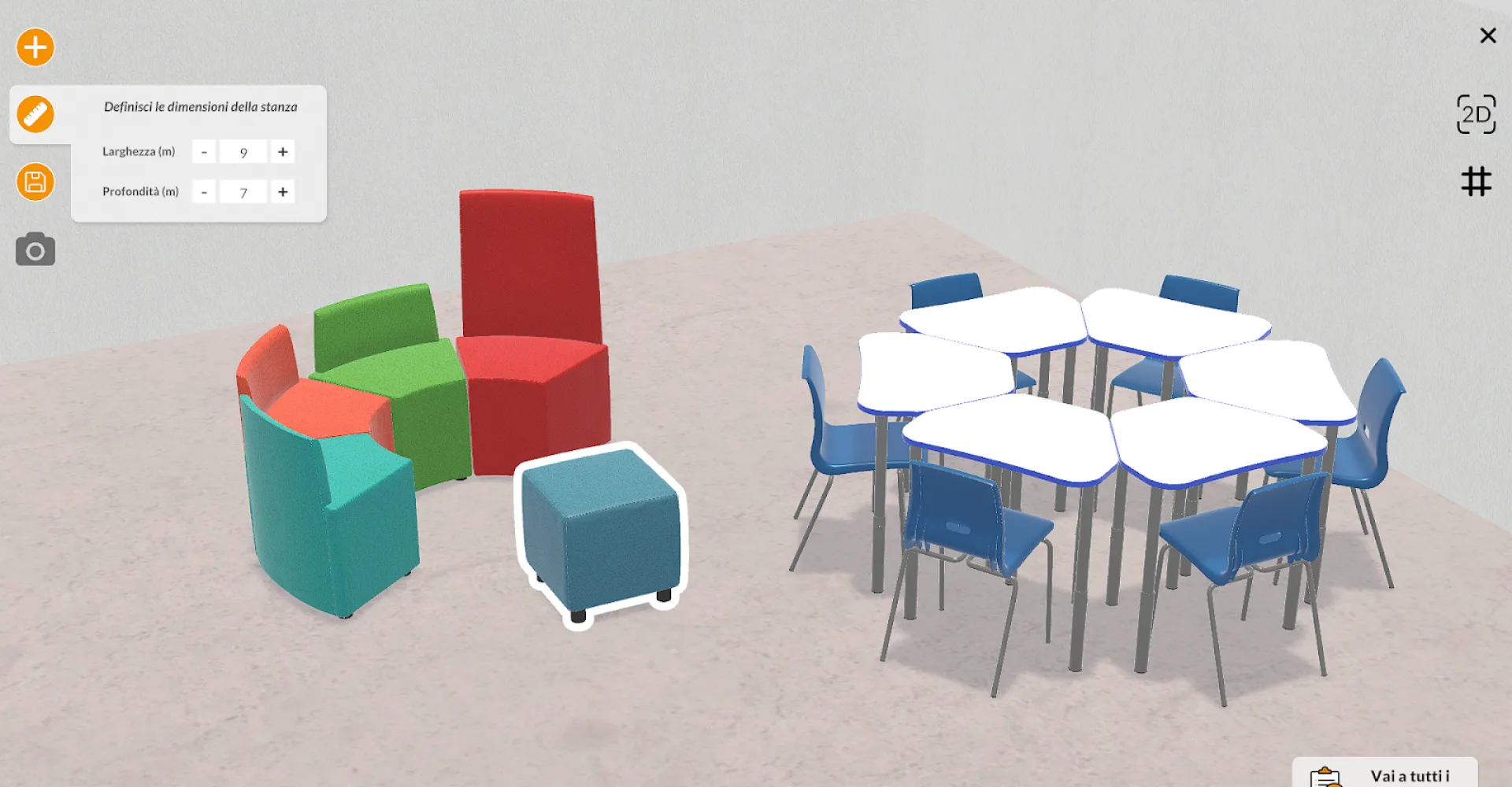 ArredaLab configurator showing a furnished classroom in 3D